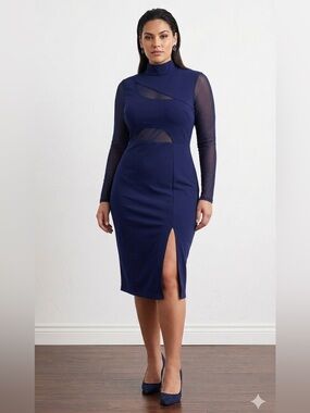 Fashion Nova Navy Mesh-Inset Midi Dress with Side Slit